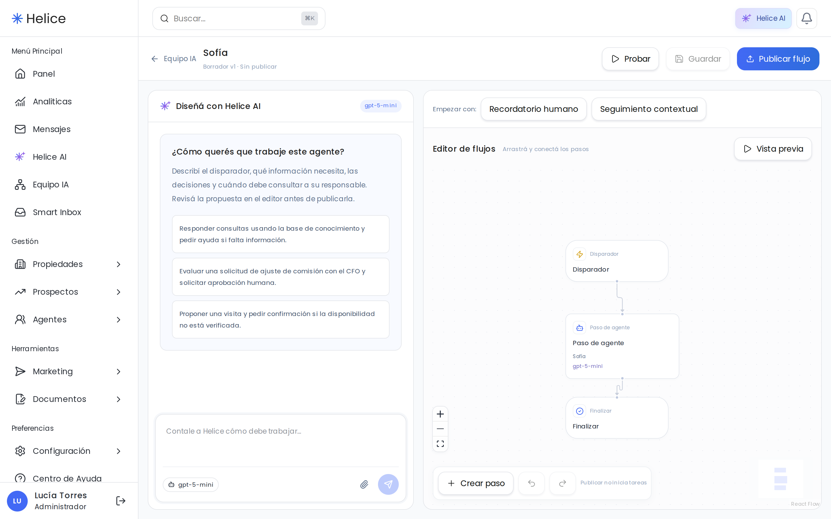 Editor actual de flujos de Colegas con asistente, plantillas y pasos conectados